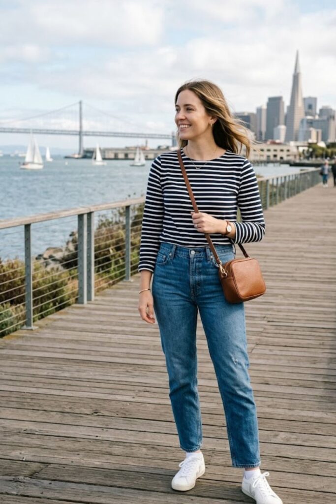 4. Striped Shirt With High-Waisted Jeans