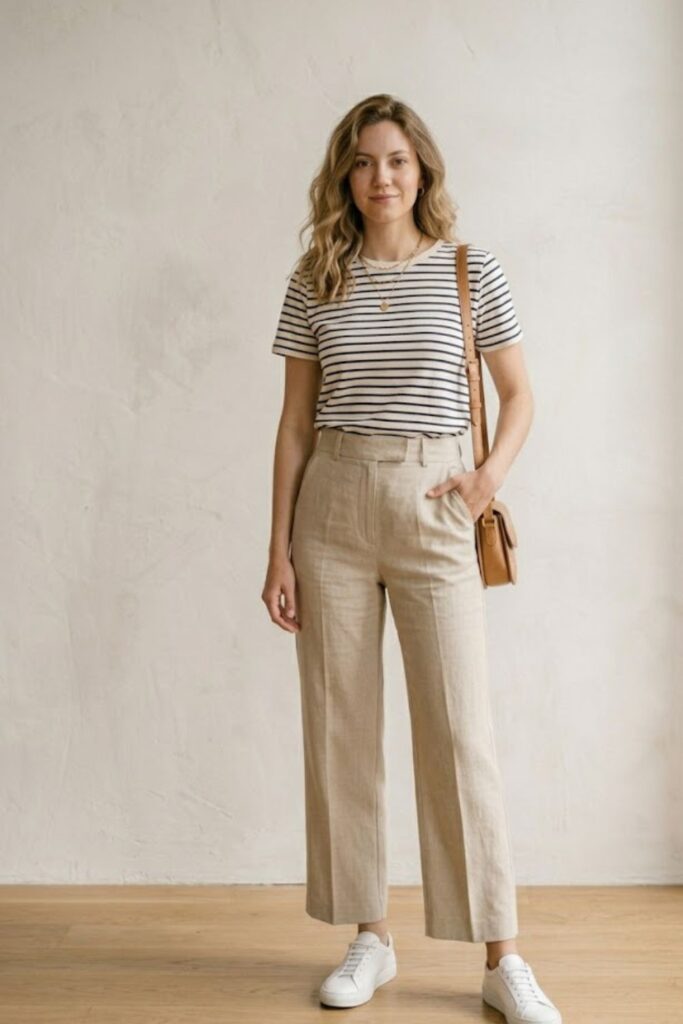 4. Striped Tee with Tailored Pants