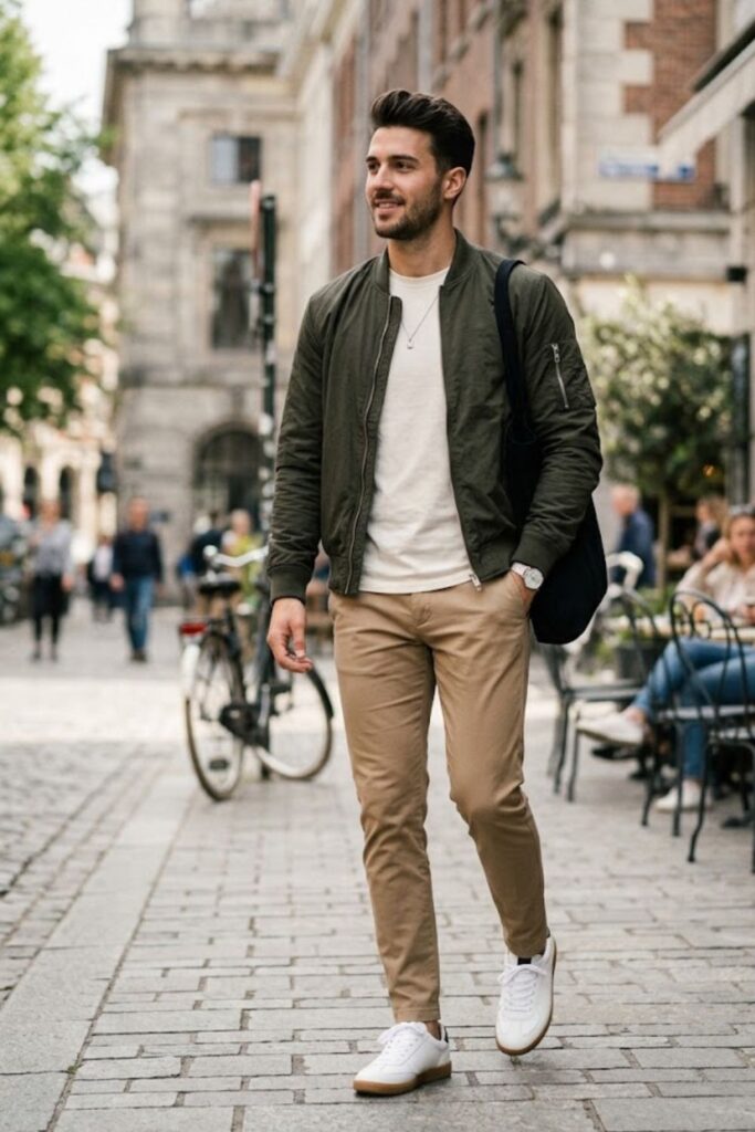 4. T-Shirt With Bomber Jacket and Chinos