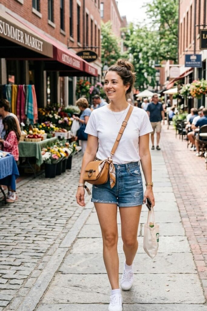 4. T-Shirt With High-Waisted Shorts