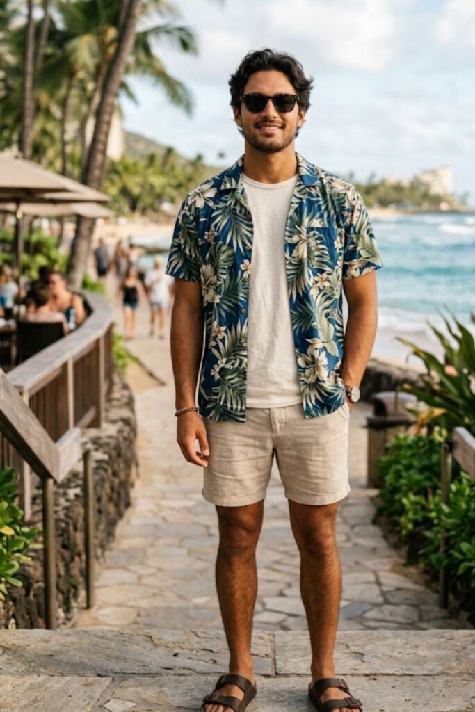 4. Tropical Button-Up with Linen Shorts