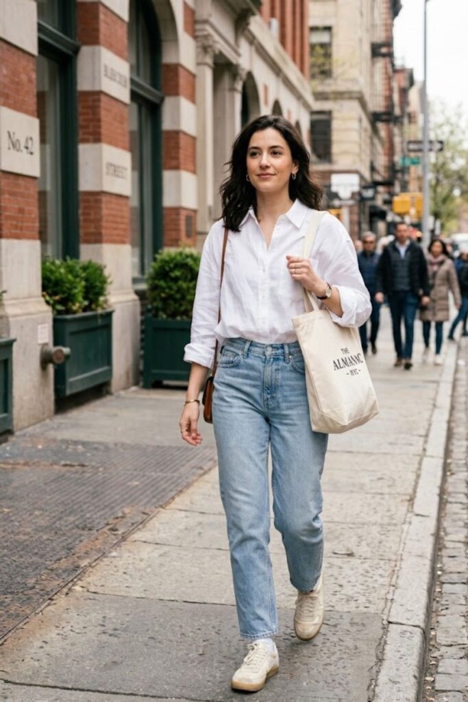 4. White Button-Down Shirt with Relaxed Jeans