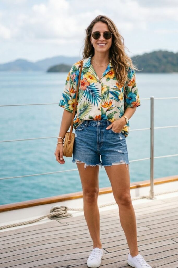 5. Aloha Shirt with Denim Shorts