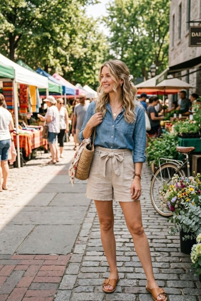 5. Chambray Shirt With Shorts