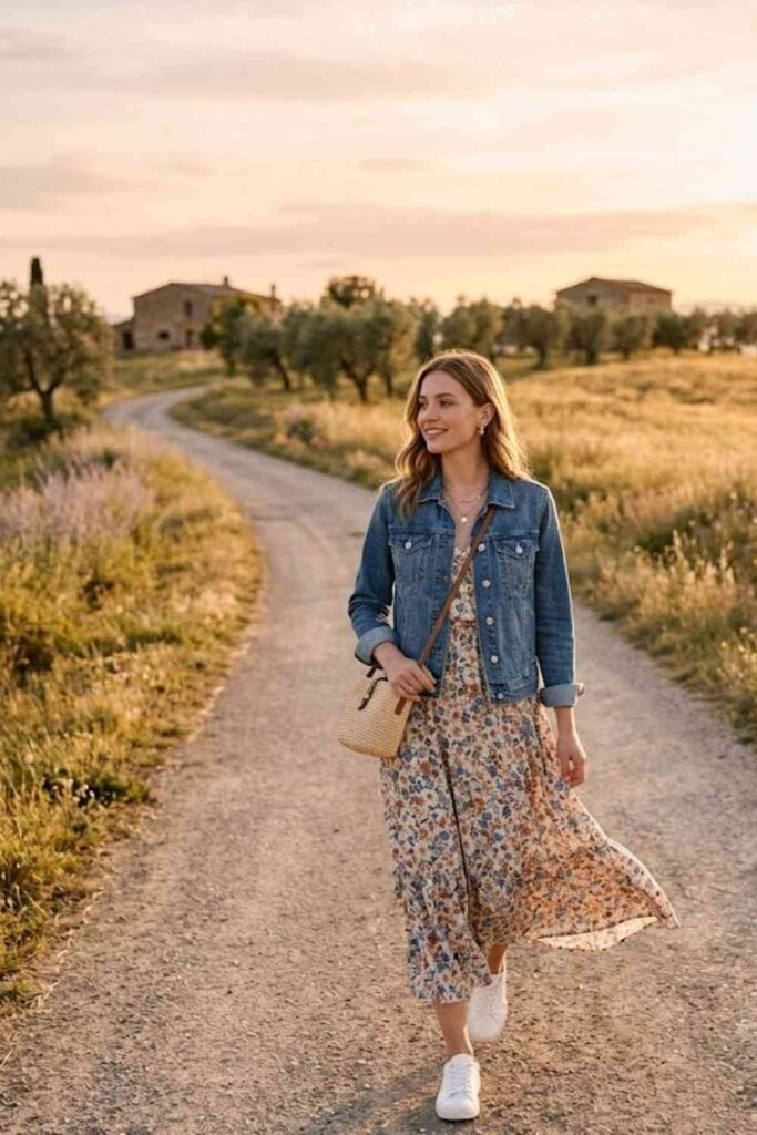 5. Flowy Maxi Dress with Denim Jacket