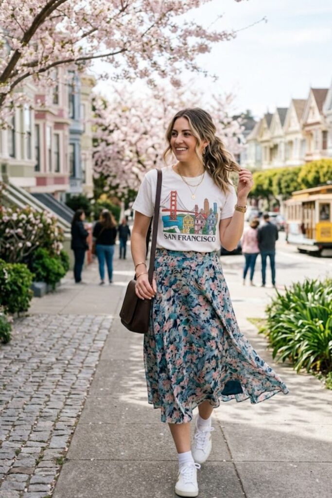 5. Graphic Tee With Midi Skirt