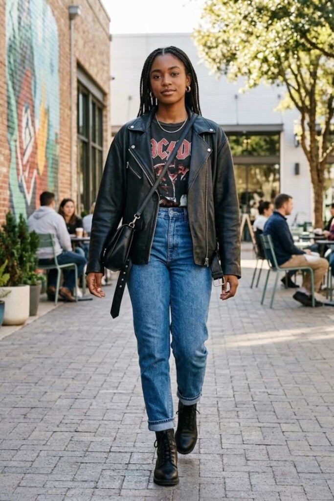 5. Graphic Tee with Leather Jacket and Jeans