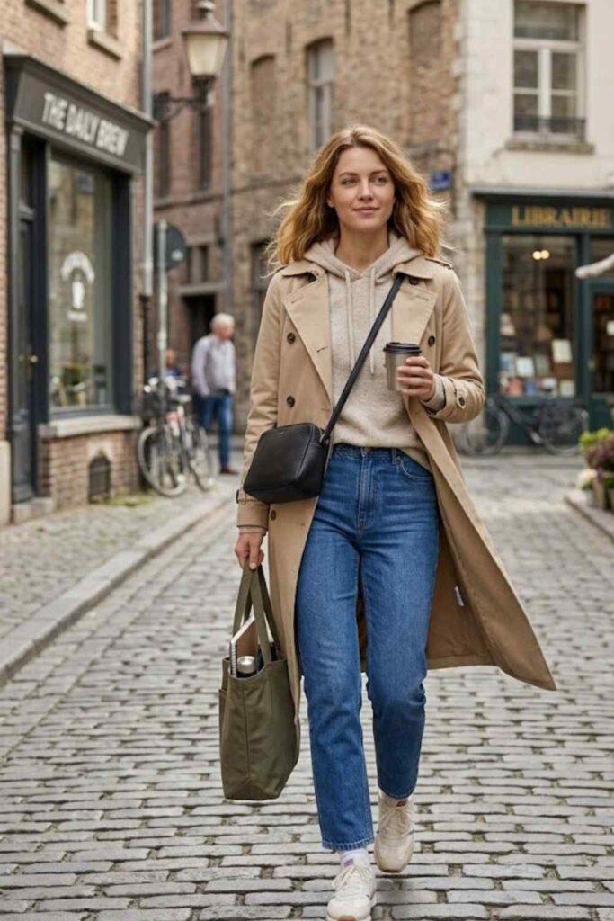 5. Hoodie with Trench Coat and Jeans