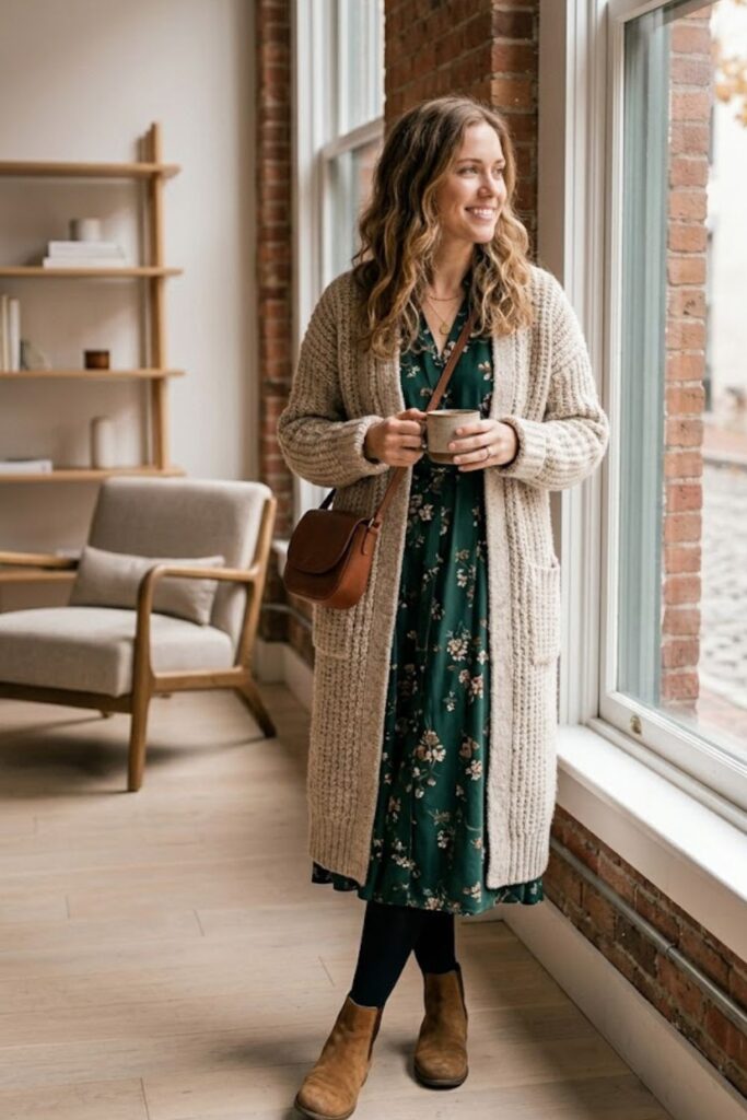 5. Long Cardigan with Midi Dress