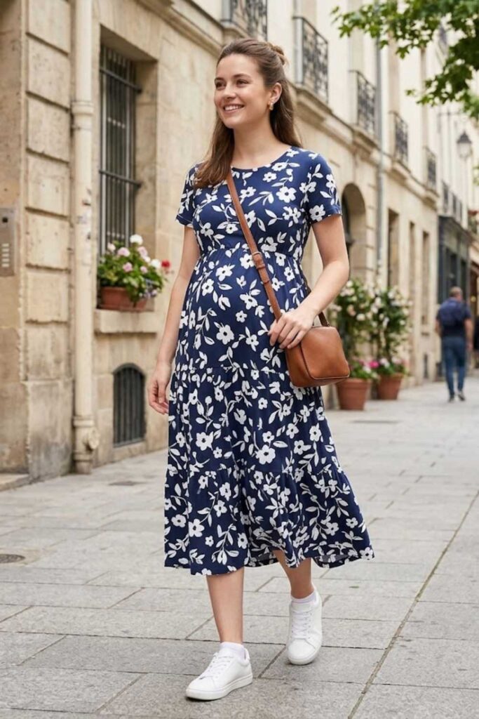 5. Maternity Midi Dress with Sneakers
