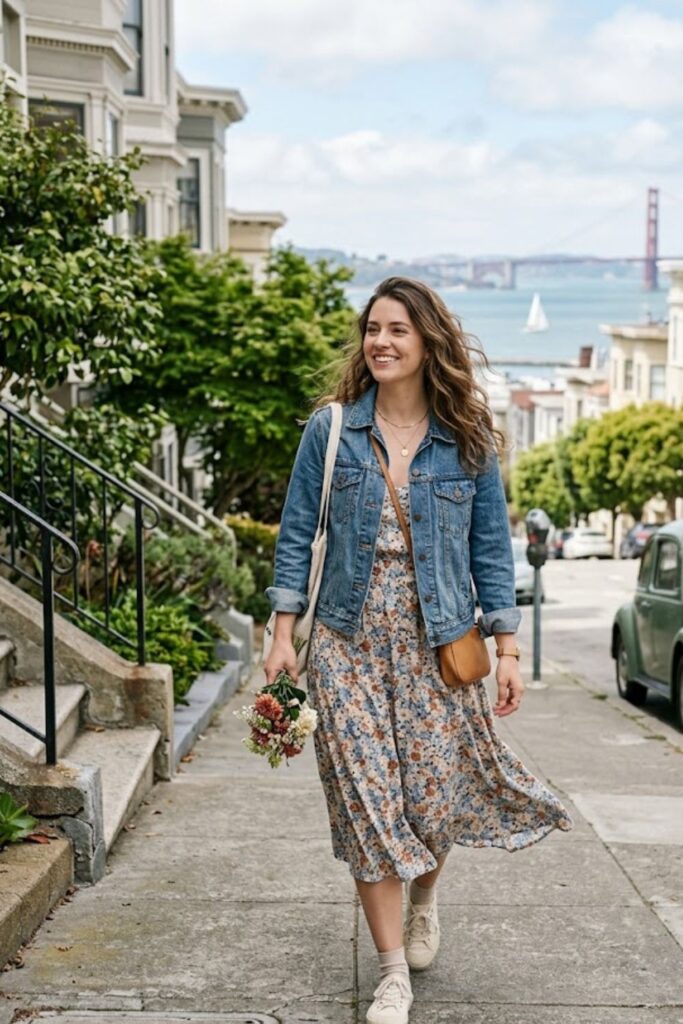 5. Midi Dress With Denim Jacket