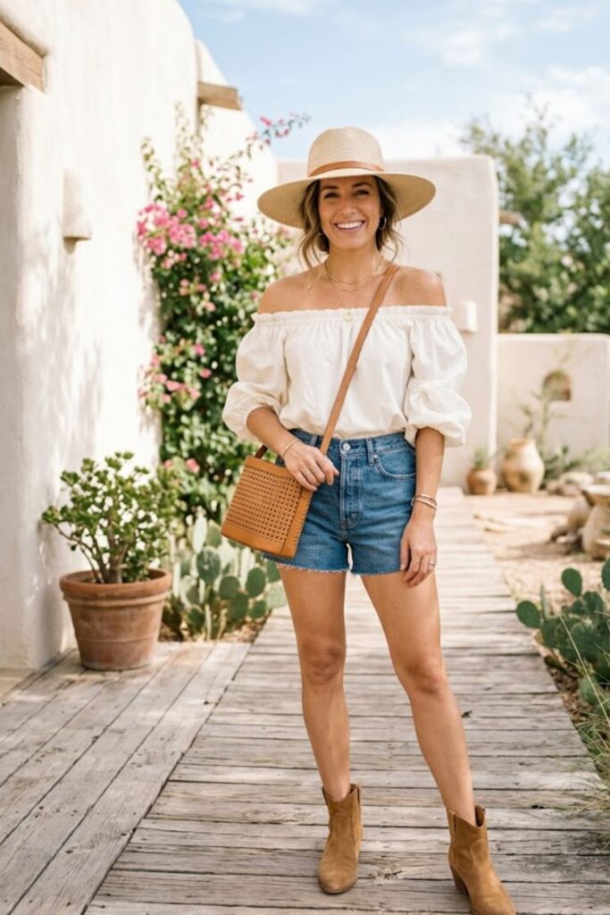 5. Off-Shoulder Top with Denim Shorts