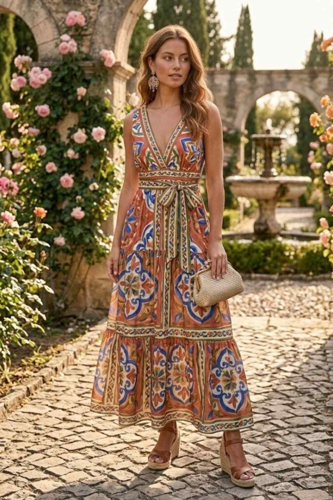 10. One-Shoulder Dress with Metallic Sandals