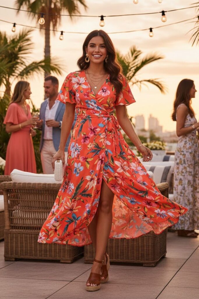 5. Printed Wrap Dress with Wedges