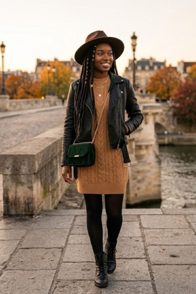 5. Sweater Dress with Leather Jacket