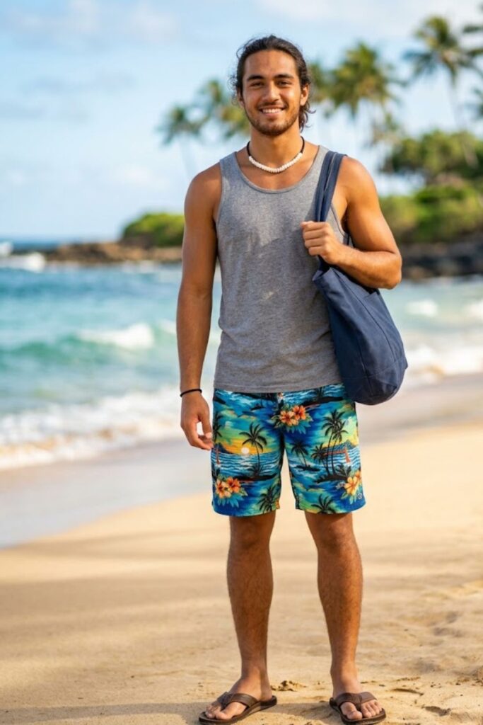 5. Tank Top with Printed Swim Shorts