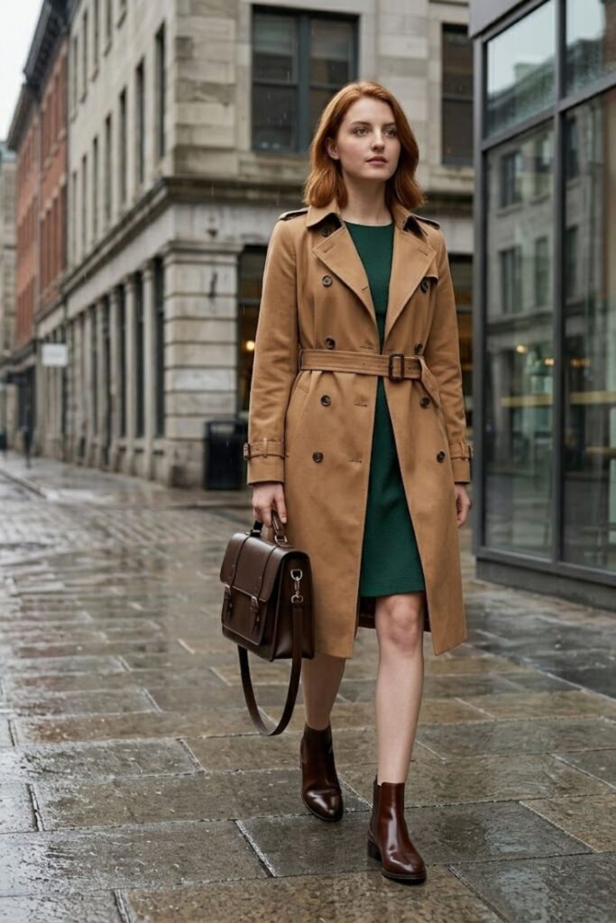 5. Trench Coat with Dress and Boots