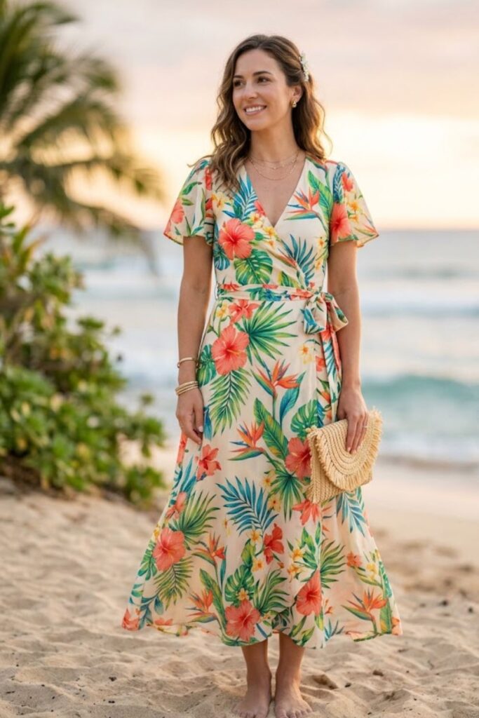 5. Tropical Print Wrap Dress