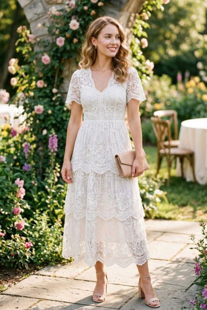 5. White Lace Dress with Nude Accessories