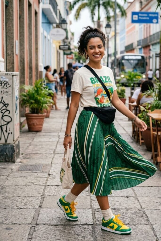 6. Brazil Dunks With Pleated Skirt and Graphic Tee