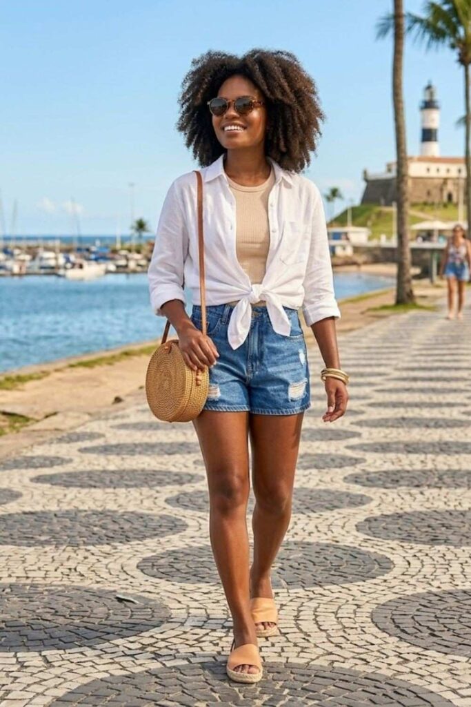 6. Button-Down Shirt With Denim Shorts