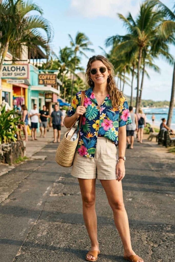 6. Button-Up Aloha Shirt with Shorts