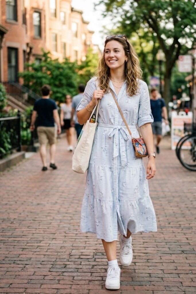 6. Button-Up Dress With Sneakers