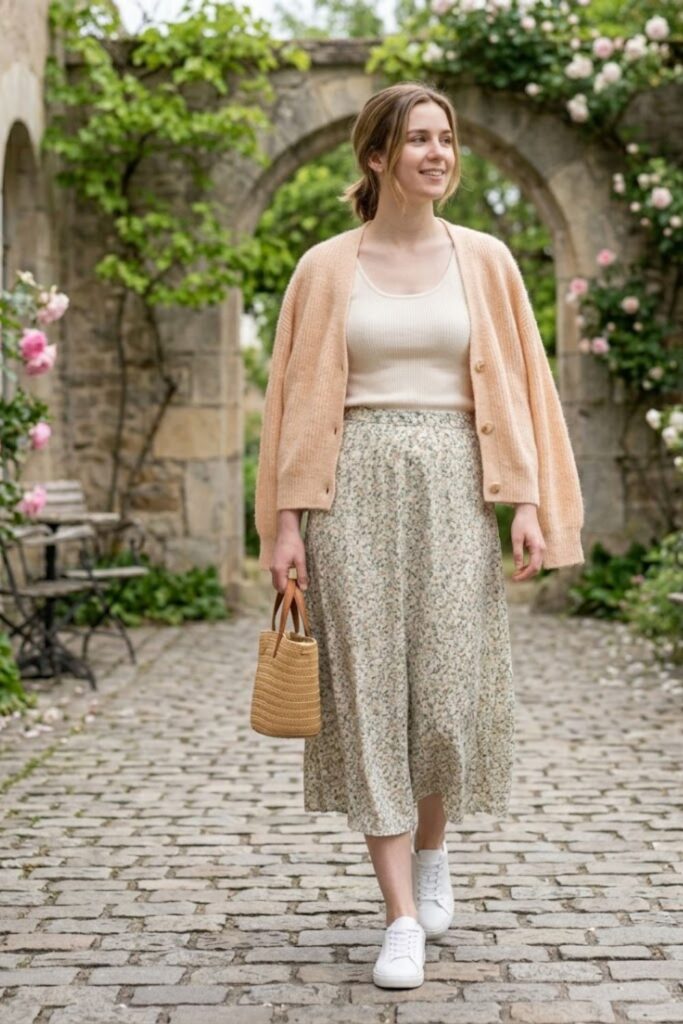 6. Cardigan with Tank and Midi Skirt