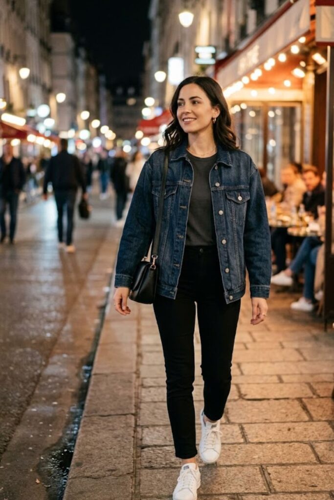 6. Dark Denim Jacket With Black Pants