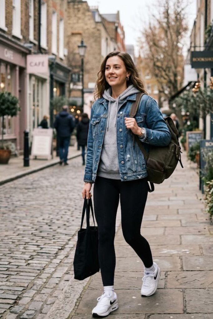 6. Denim Jacket With Hoodie and Leggings