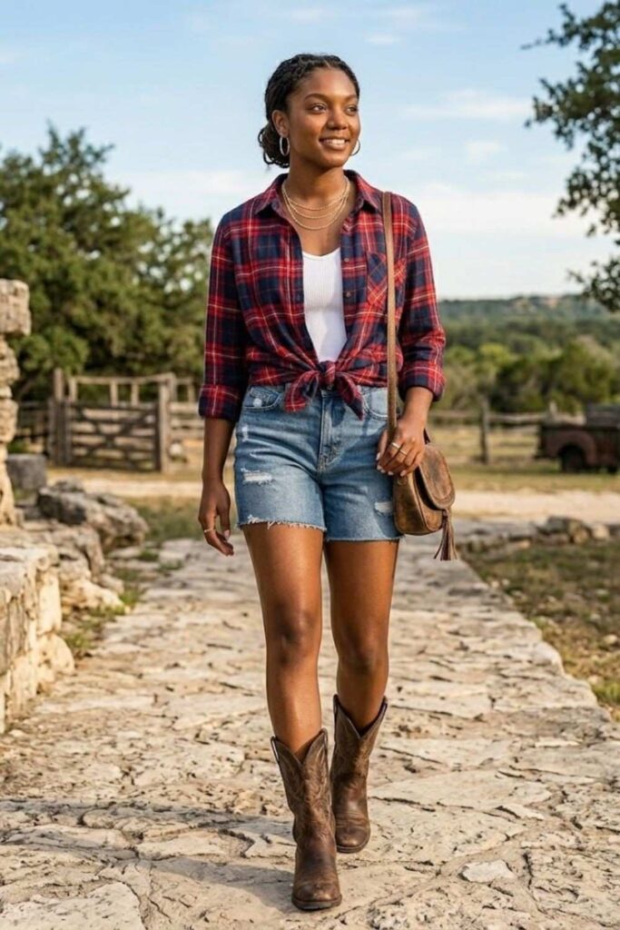 6. Flannel Shirt With Denim Shorts