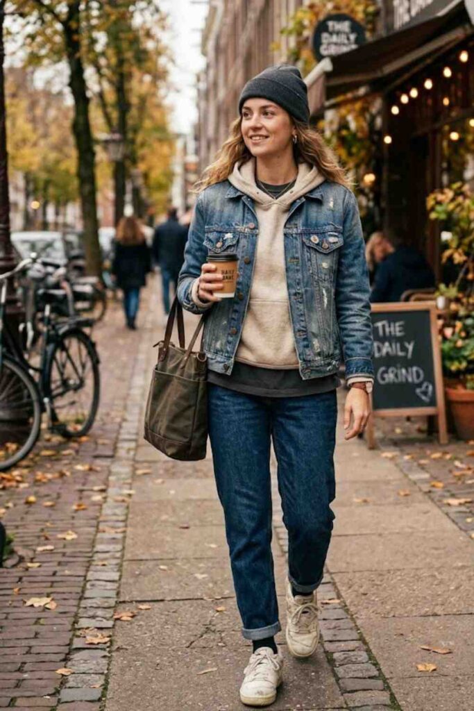 6. Hoodie Layered Under Denim Jacket