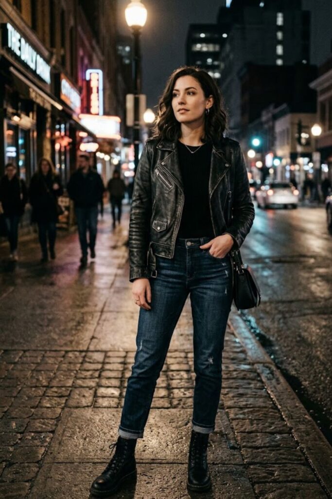 6. Leather Jacket With Dark Denim