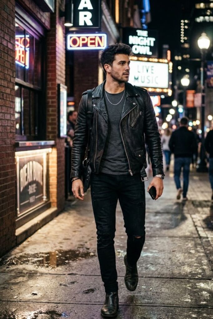 6. Leather Jacket With Dark Slim Pants