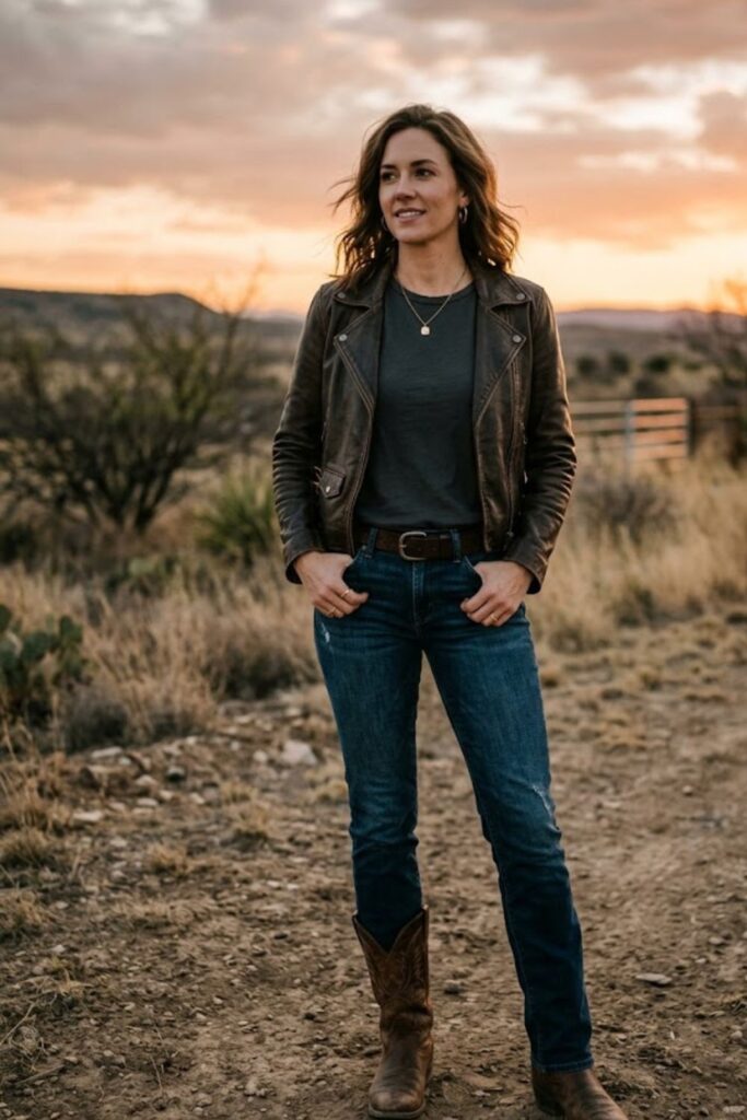 6. Leather Jacket With Jeans and Boots