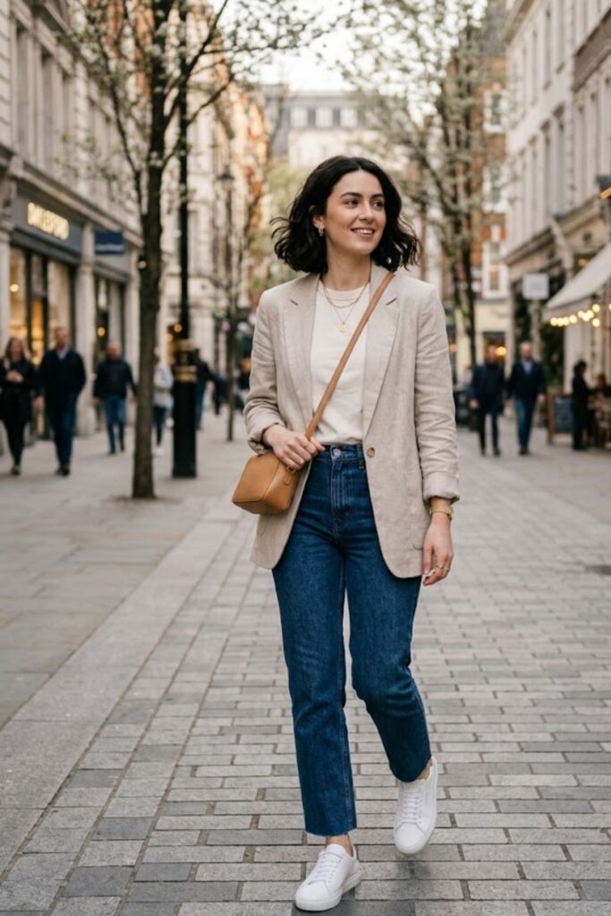 6. Lightweight Blazer with Jeans and Tee