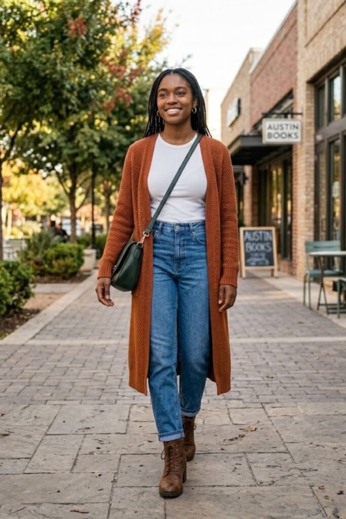 6. Long Cardigan with Tank and High-Waisted Jeans