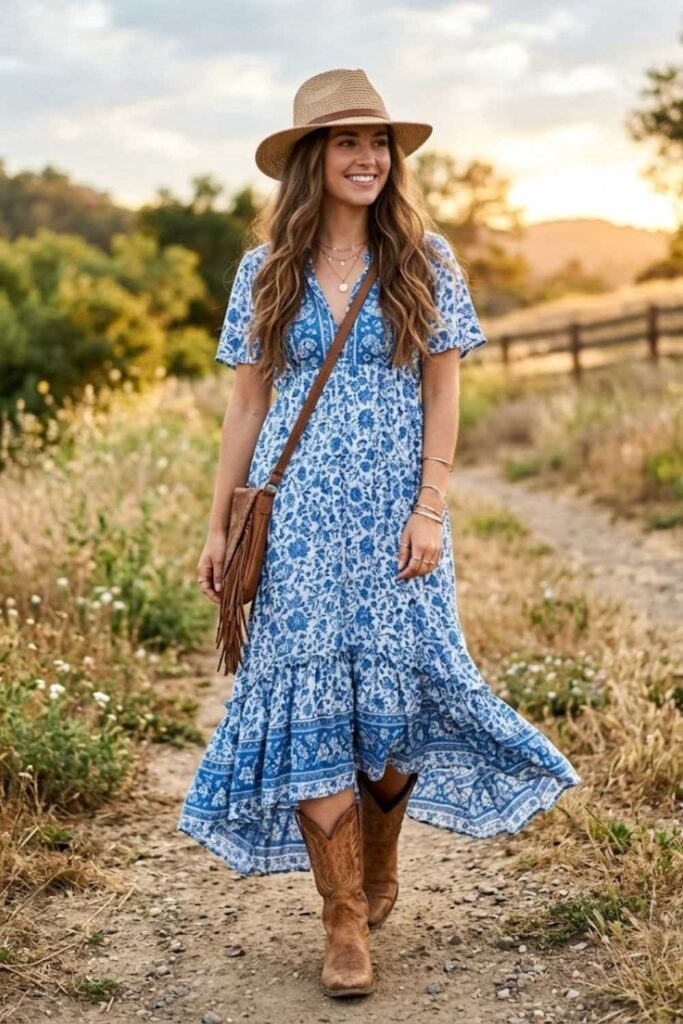 6. Maxi Dress With Cowboy Boots