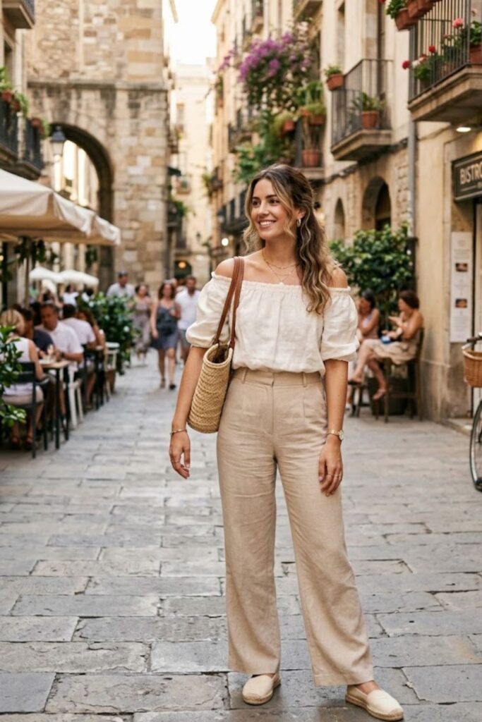 6. Off-Shoulder Top With Wide-Leg Pants