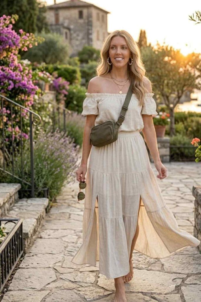 6. Off-Shoulder Top with Maxi Skirt