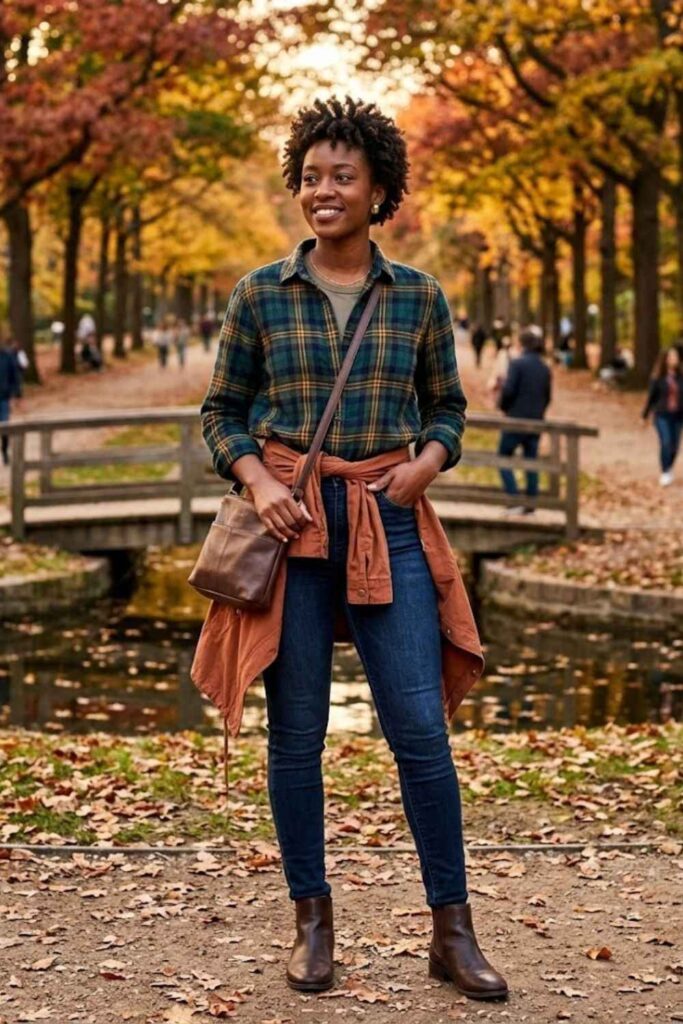 6. Plaid Shirt with Dark Denim and Boots