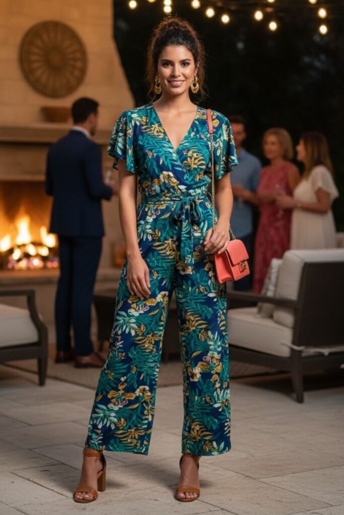 6. Printed Jumpsuit with Statement Earrings