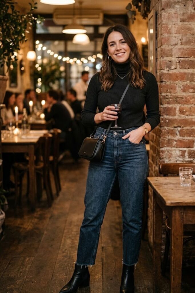 6. Turtleneck With High-Waisted Jeans