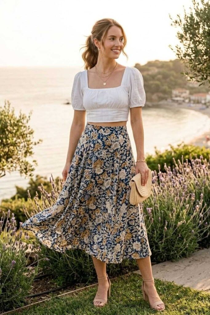 6. White Crop Top with High-Waisted Skirt