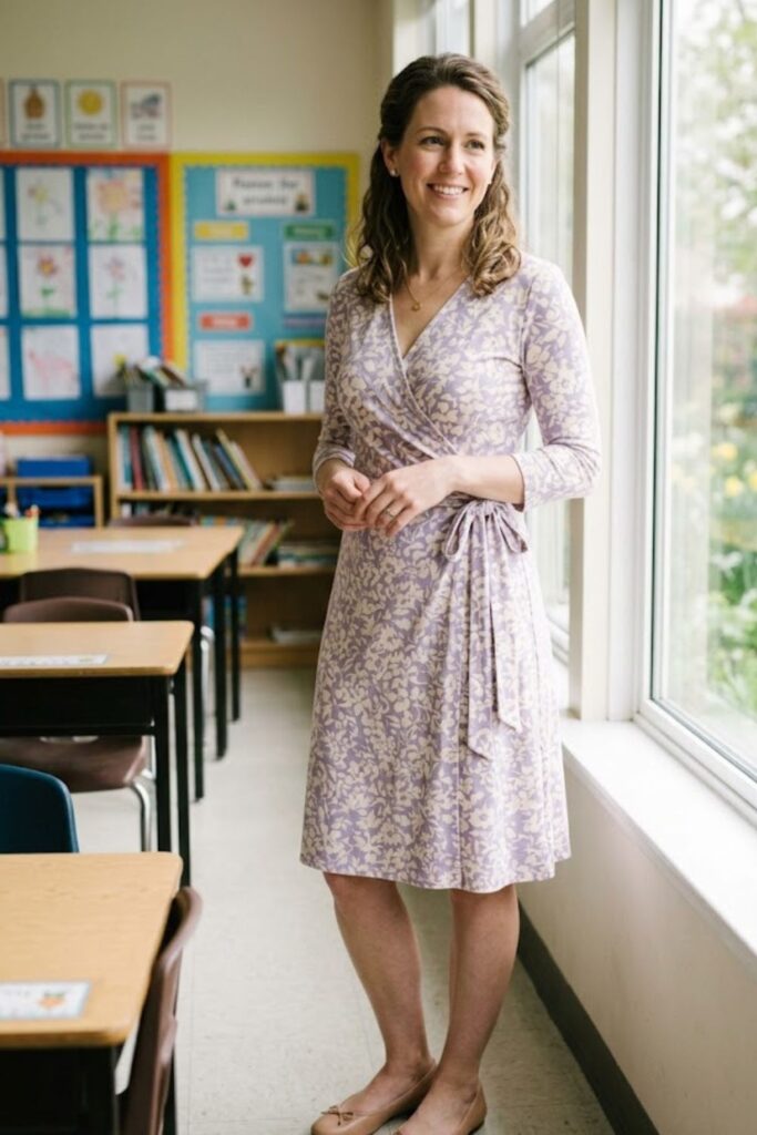 6. Wrap Dress with Neutral Heels