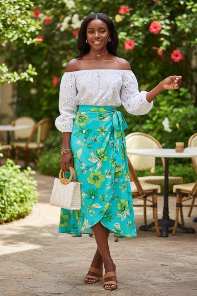 6. Wrap Midi Skirt with Off-Shoulder Top