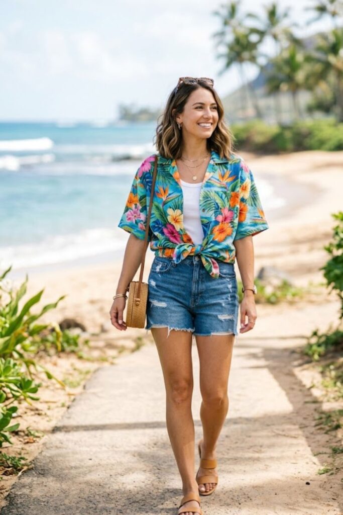 7. Aloha Shirt and Denim Shorts