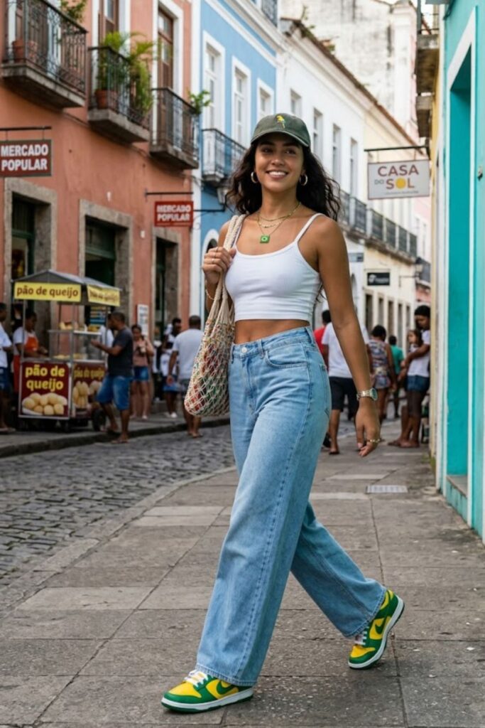 7. Brazil Dunks With Wide-Leg Jeans and Crop Tank