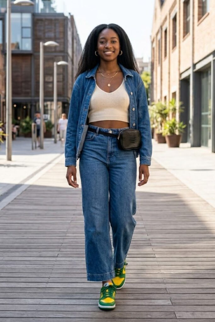 7. Brazil Dunks With Wide-Leg Jeans and Crop Tank
