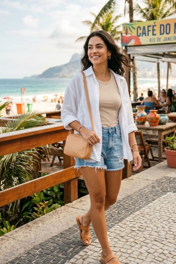 7. Button-Down Shirt With Denim Shorts